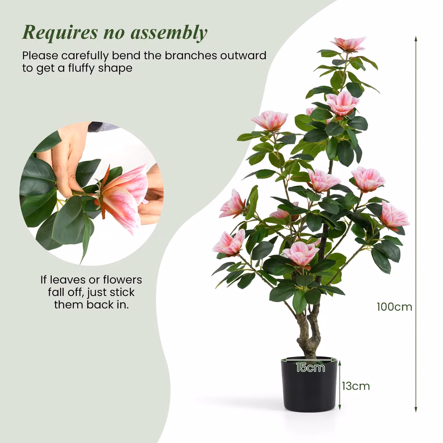 Costway Artificial Magnolia Tree in Green and Pink with Concrete Nursery Pot, Height: 100 cm – 2