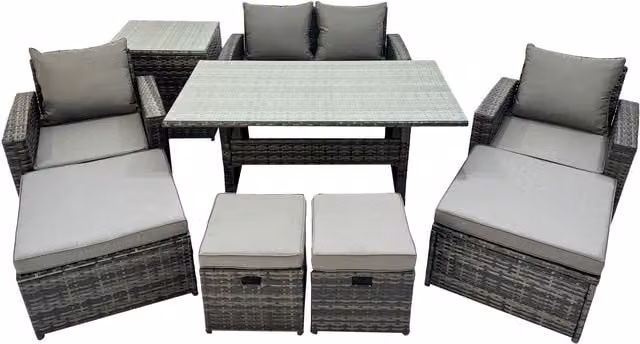 Fimous 8-Seater PE Rattan Outdoor Dining Set in Dark Grey with Glass Top