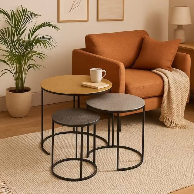 Fifty Five South Orsina Set of Three Modern Round Metal Nesting Tables in Black, Gold and Silver