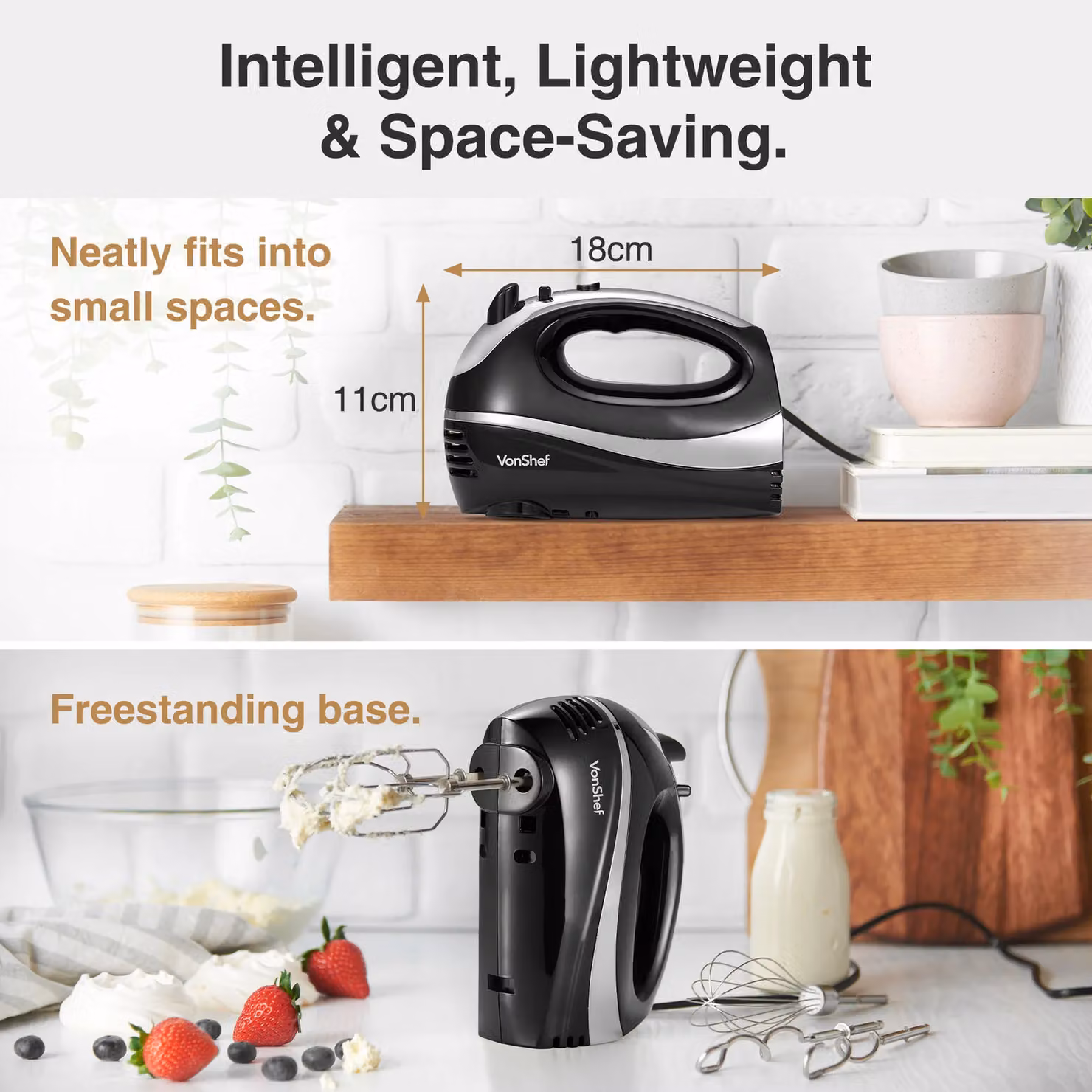 VonShef 300W 5 Speed Electric Hand Mixer in Black and Silver with Stainless Steel Beaters, Dough Hooks and Balloon Whisk – 7