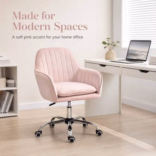 STILVORA Pink Velvet Swivel Task Chair with Armrests and Castors, W/D/H: 76 x 76 x 120 cm