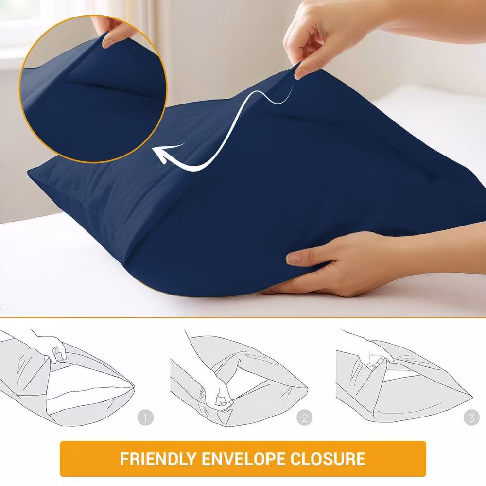 Grace 100% Egyptian Cotton Pack of 2 Navy Blue Standard Pillowcases with Envelope Closure – 4