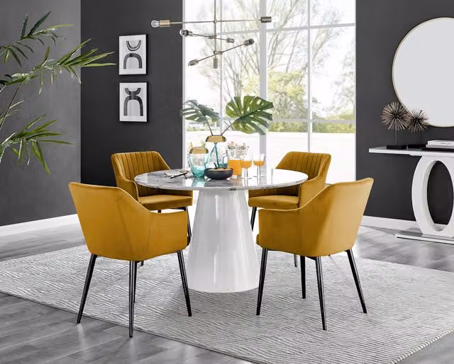 Furniturebox Palma White Marble Effect Round Dining Table and 4 Calla Black Leg Chairs in Mustard