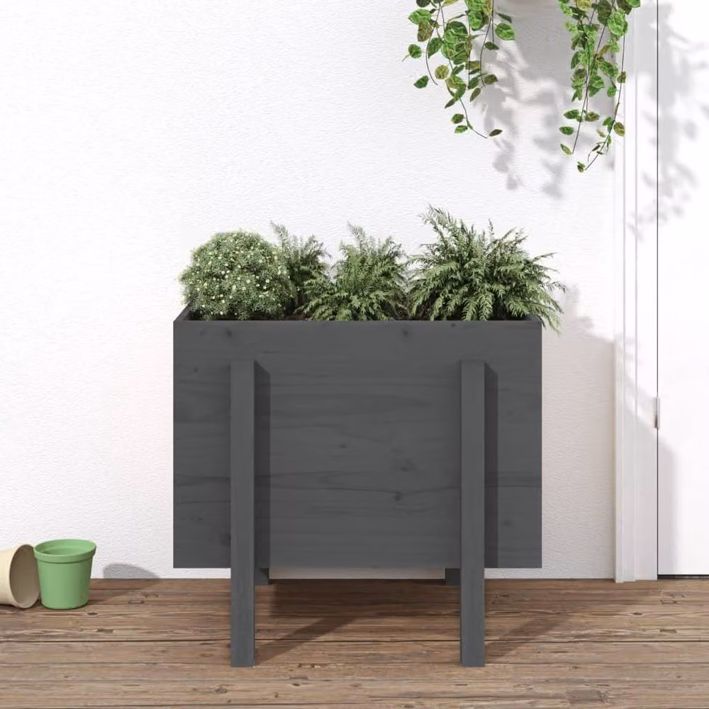 Berkfield Home Grey Solid Wood Pine Garden Planter Tub W: 62 cm, D: 50 cm, H: 57 cm – 2