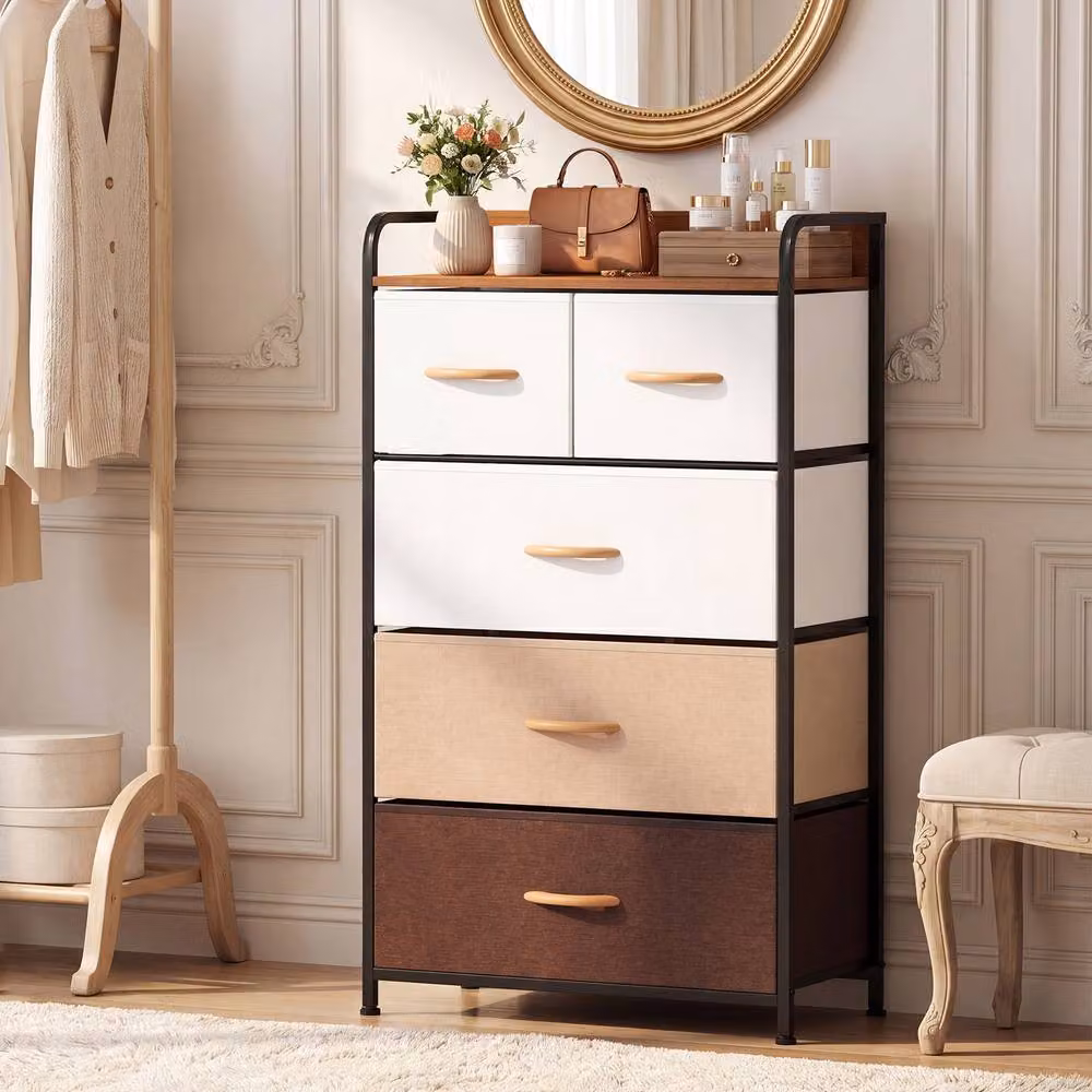 Gymax 5-Drawer Fabric Dresser, Tall Narrow Freestanding Storage Tower Organizer in Brown – 7