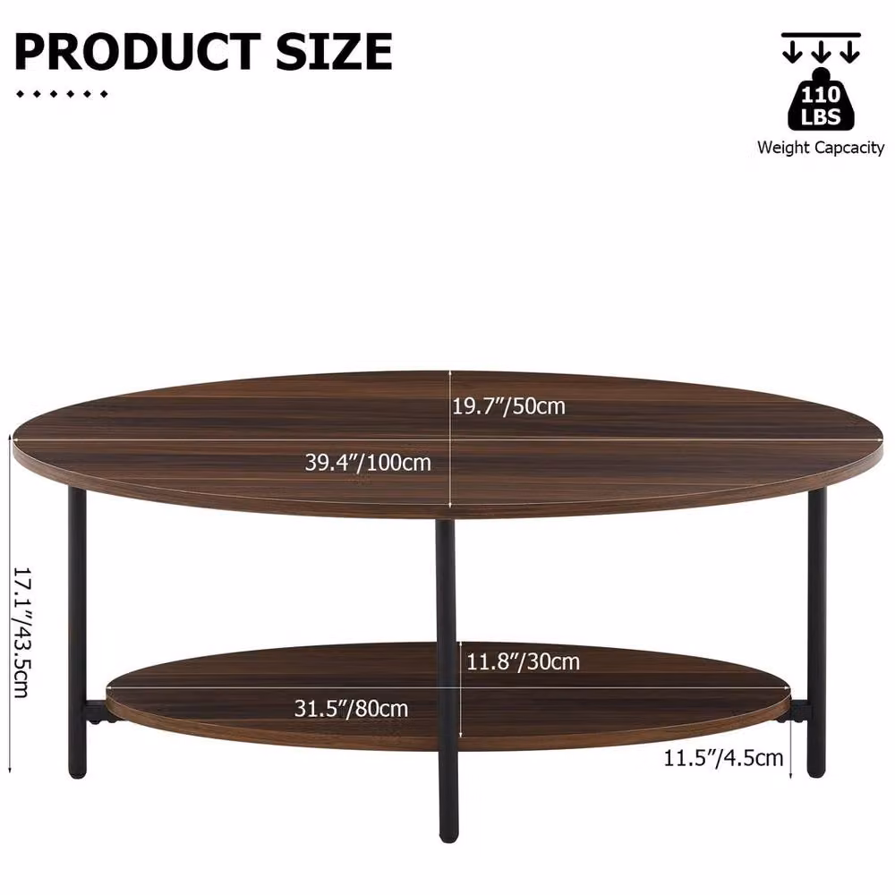 FORGEVIO Brown Oval 2 Tier Wood and Metal Coffee Table with Adjustable Foot Pads – 2