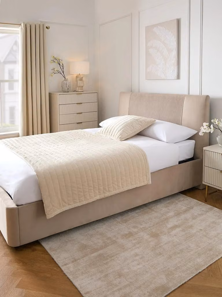 Serenity Double Ottoman Bed in Beige Velvet Fabric with End Lift Storage, W/D/H: 140 x 200 cm