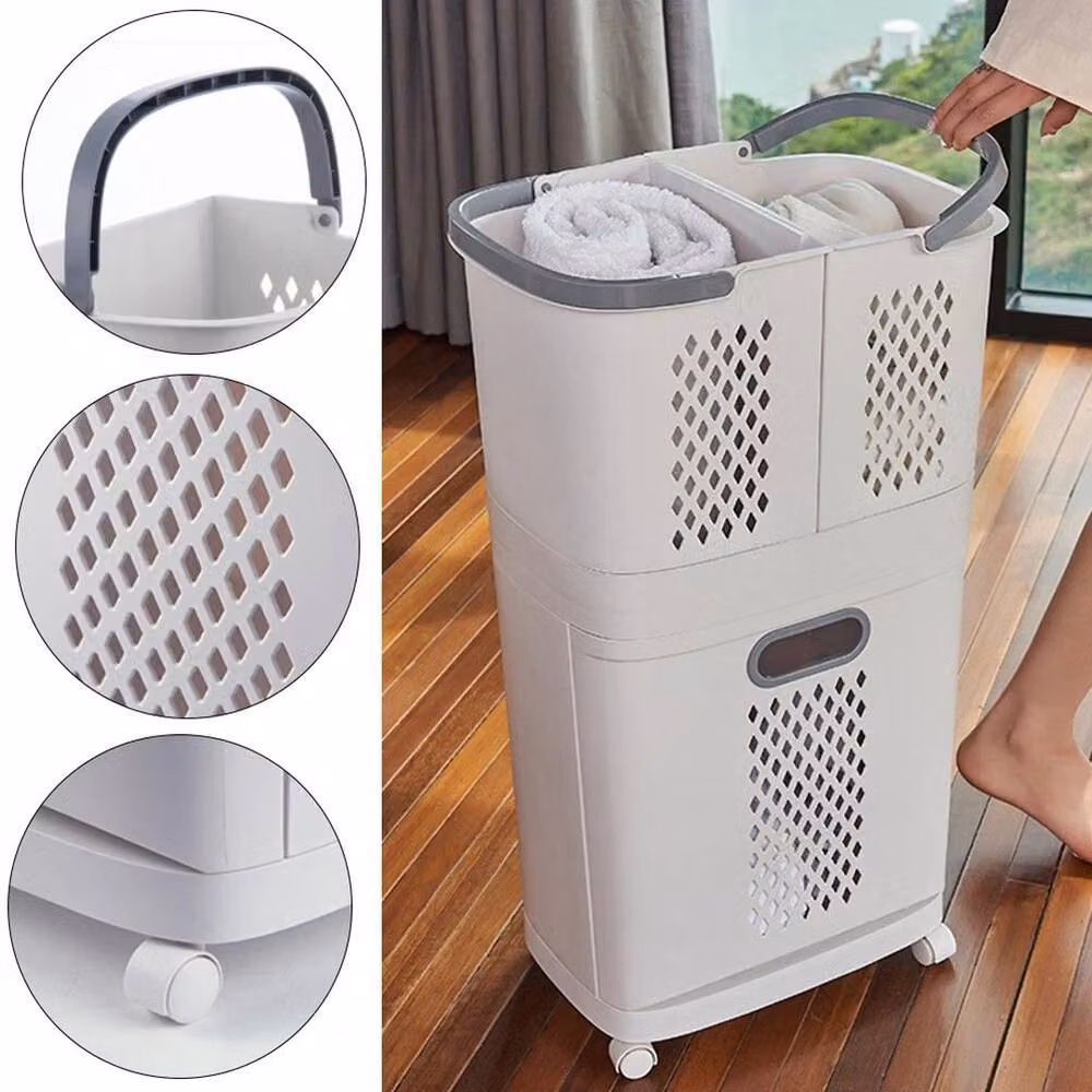 KORVIXA 2 Tier Plastic Laundry Basket Cart Trolley Clothes Sorter Storage Bin in Grey, W/D/H: 100 x 100 x 74 cm – 3