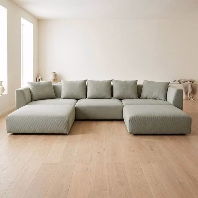Abakus Direct Tokyo U-Shape Modular Sofa in Green and Beige Bamboo Basket Weave Fabric