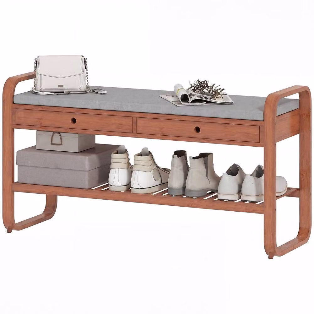 STILVORA Shoe Bench with 2 Drawers and Cushioned Fabric Seat in Brown – 2