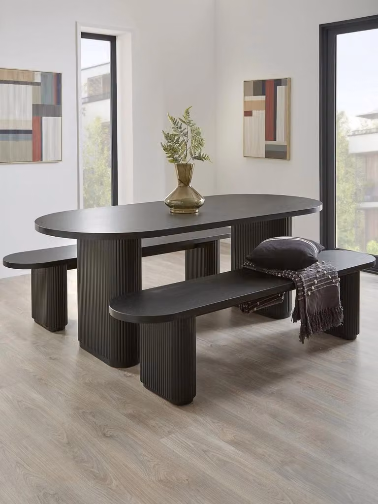 Carina Oval Dining Table and Bench Set in Black, MDF and Metal