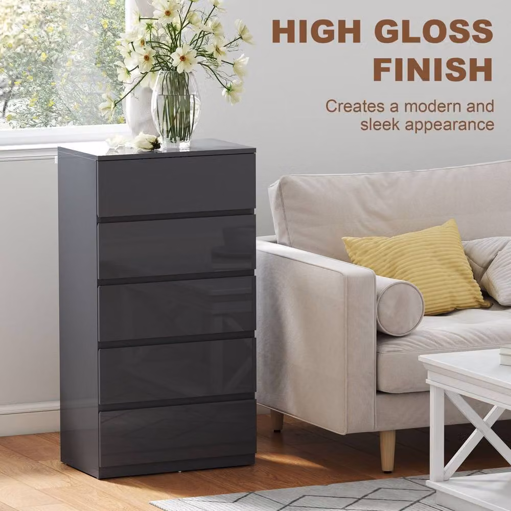 Wyld Haus Kevano Modern Grey High Gloss 5 Drawer Storage Chest with Soft Close Drawers – 5