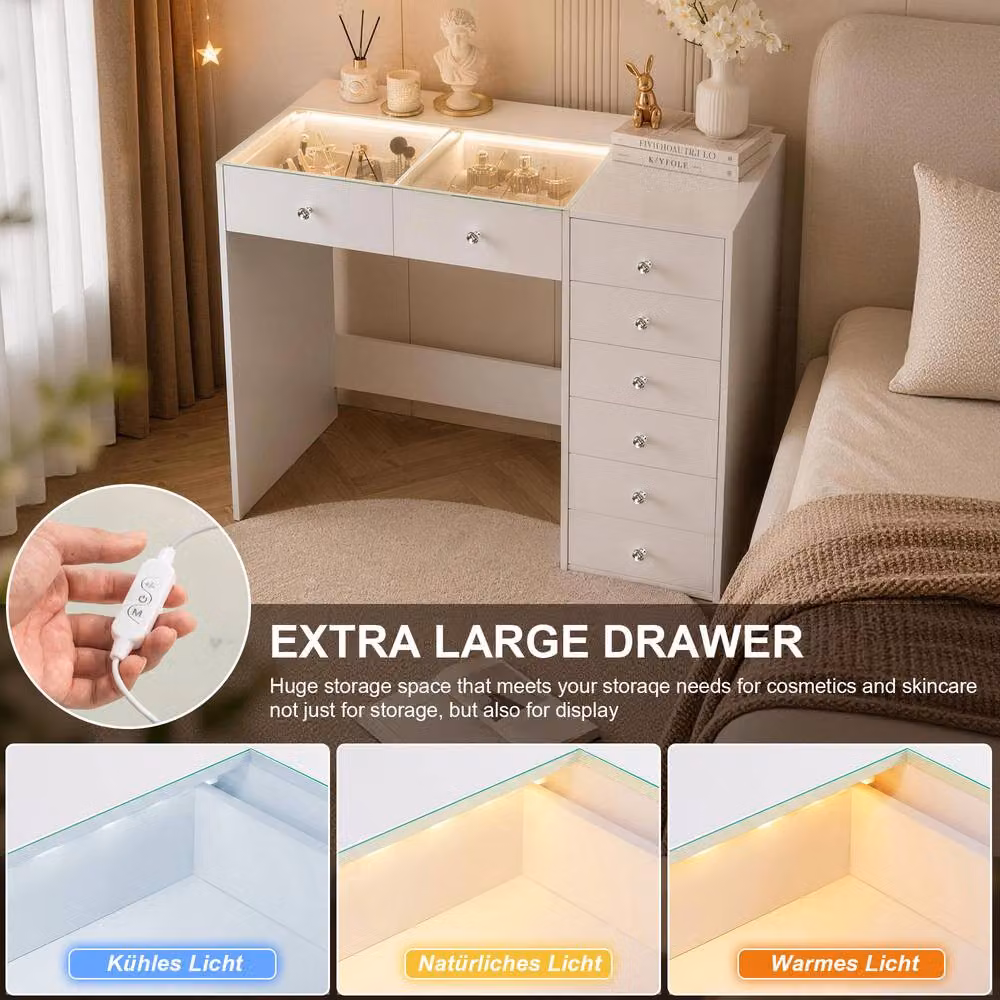 FENCHILIN 8-Drawer White Glossy Dressing Table with 15 LED Hollywood Mirror – 3