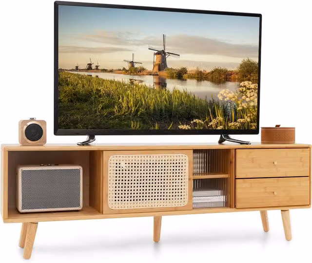 COSTWAY Modern Brown Wood and Bamboo TV Console Table with Media Compartments