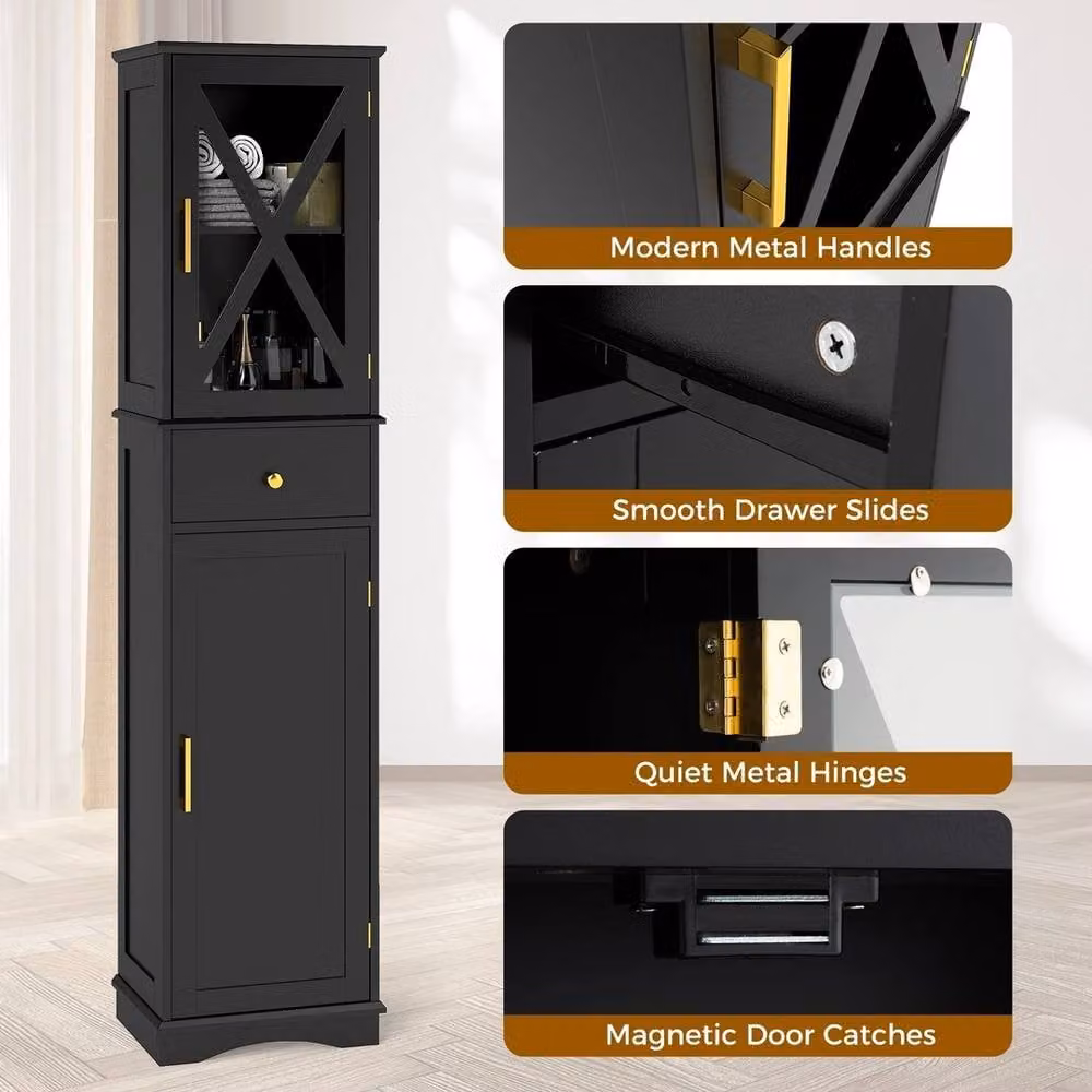 VOGREX Black Modern Freestanding Bathroom Storage Cabinet with Glass Doors and Internal Shelves and Drawers, H: 168 cm, W: 30 cm, D: 30 cm – 4