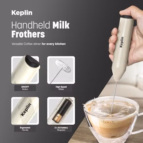 Keplin Handheld Milk Frother - Stainless Steel Battery Operated Electric Whisk in Beige – 3