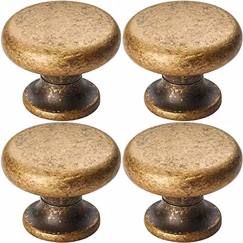 Loops 4 Pack Flat Faced Round Door Knobs in Antique Brass, Diameter: 34 mm – 1