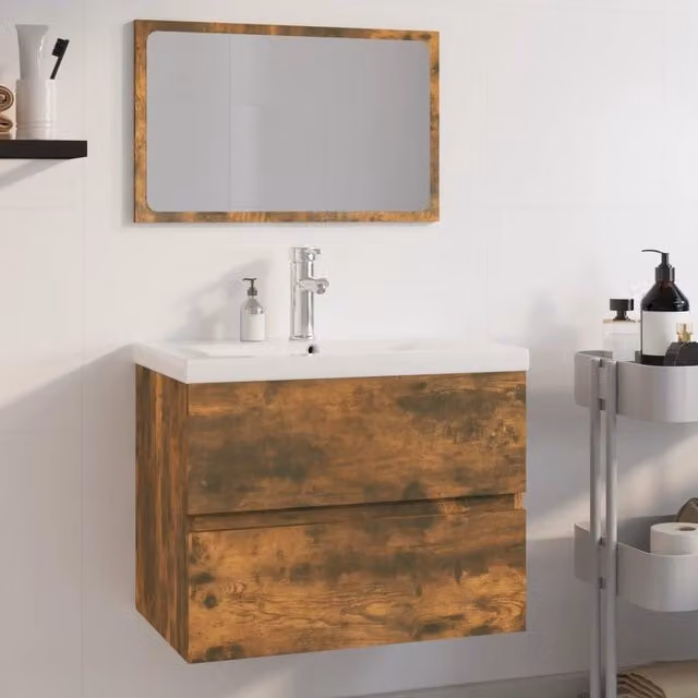 Berkfield Home Modern Bathroom Furniture Set in Smoked Oak Brown featuring Vanity Unit and Mirror Cabinet – 1