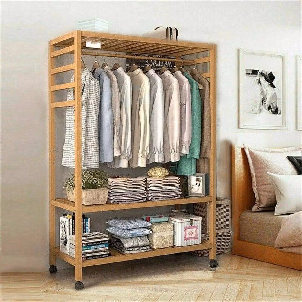 KORVIXA Portable Rolling Hanging Garment Coat Rack in Natural Wood, W/D/H: 78 x 41 x 169 cm – 2