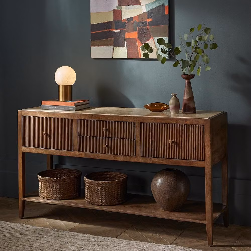 Atkin & Thyme Mirabelle Travertine Mango Wood Sideboard, Brown, W: 140 cm, D: 40 cm, H: 76 cm