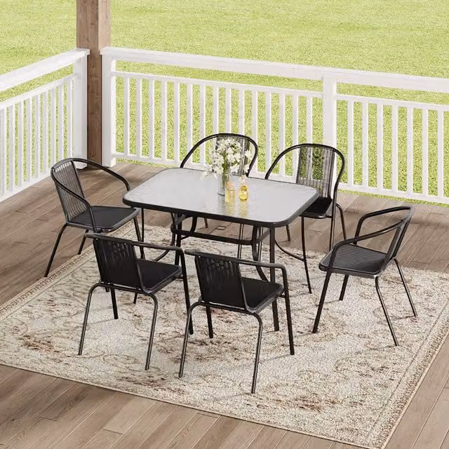 Komore 7-Piece Modern Patio Set with Black Rattan Chairs and 120 cm Glass Table