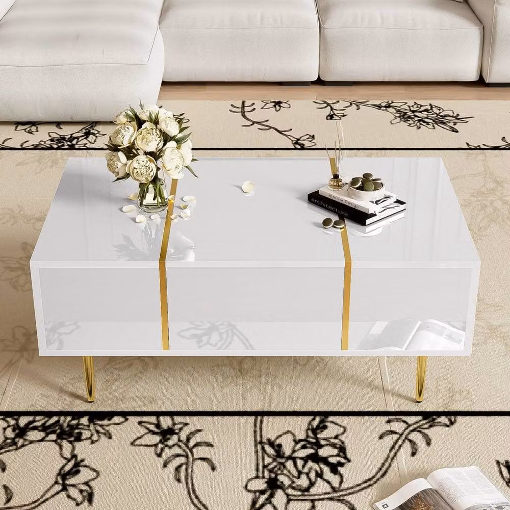 KORVIXA Modern Glossy White and Gold Square Coffee Table W/D/H: 60 x 60 x 41.5 cm – 2