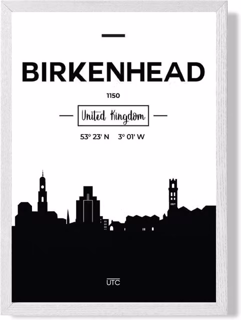 ARTZE Birkenhead Black and White City Skyline Framed Print with White Frame, A2