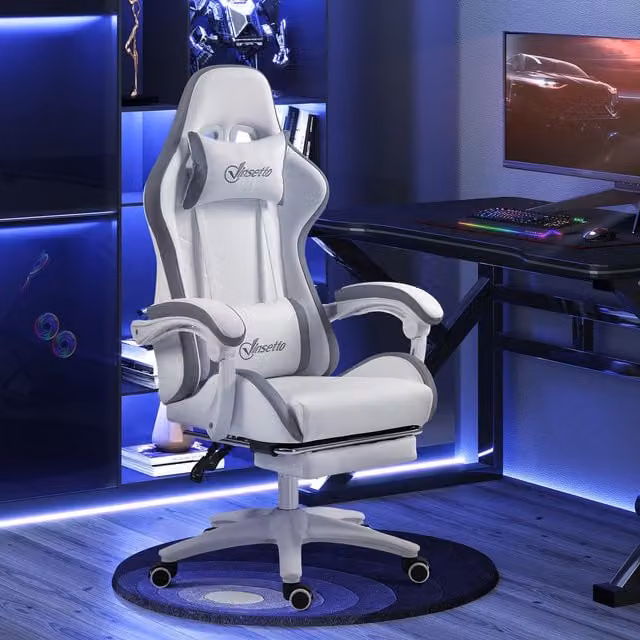 Vinsetto Grey and White Synthetic Leather Gaming Chair with Armrests and Headrest
