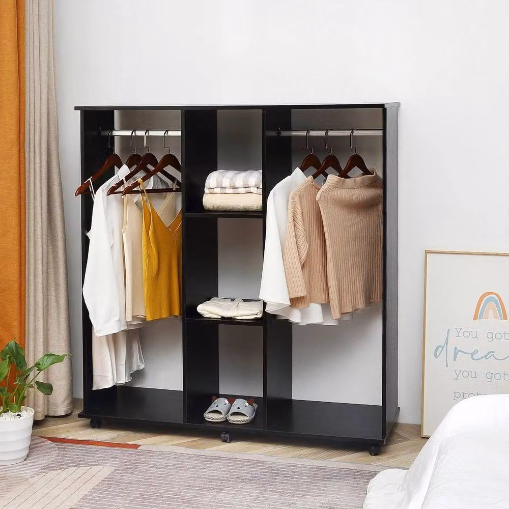 KORVIXA Mobile Double Open Wardrobe with Clothes Hanging Rail in Black, W/D/H: 100 x 100 x 100 cm – 3