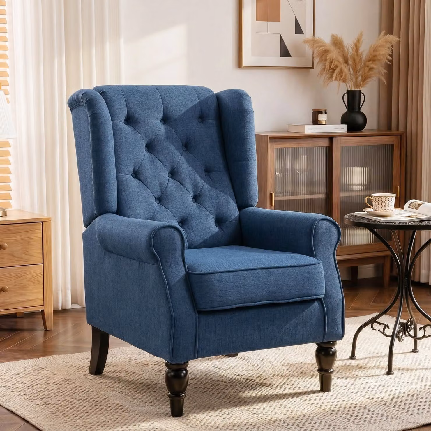 HOMCOM Retro Blue Fabric Wingback Accent Armchair with Solid Wood Frame and Button Tufting – 2