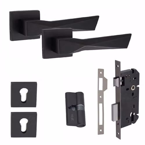 Golden Grace Aura Euro Lock Door Set with Long Backplate in Matt Black Finish – 1