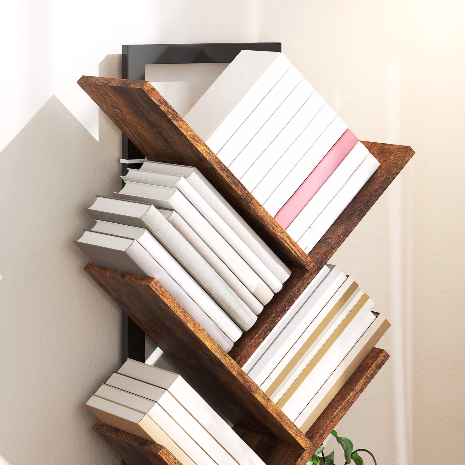 HOMCOM Four-Section Tree Bookcase in Brown Wood-Effect with Metal and Composite Ladder Design – 5