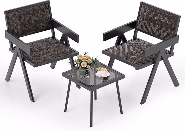 Costway 3 Piece Brown PE Wicker Bistro Set with Glass Tabletop