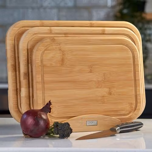 Cooks Professional 3 Piece Bamboo Chopping Board Set with Storage Stand in Brown – 2