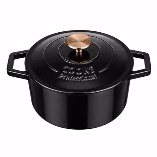 Cooks Professional Enamelled Cast Iron Casserole Dish with Lid and Handles, 2.8 l, Black