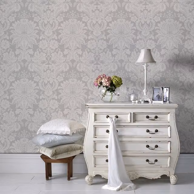 Superfresco Easy Venetian Damask Vinyl Wallpaper in Grey and White