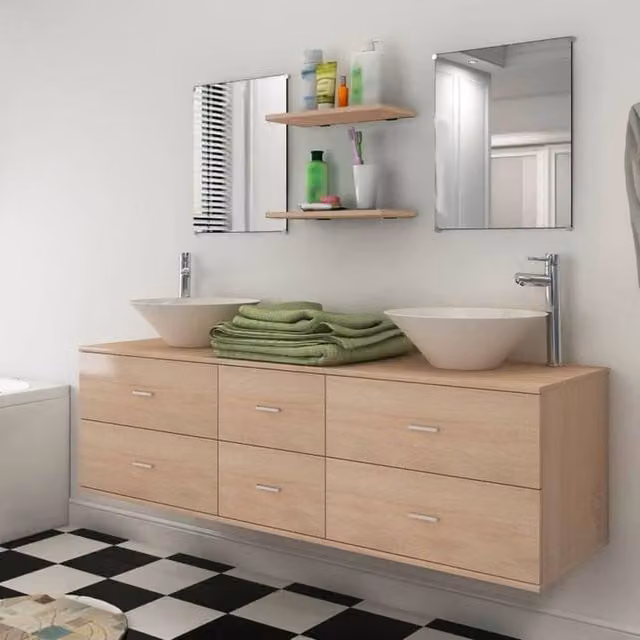 Berkfield Home Seven Piece Beige Bathroom Furniture and Ceramic Basin Set