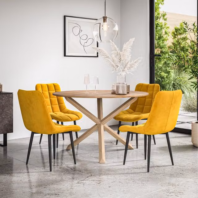 More4Homes Malvern Round Oak Effect Dining Table Set with 6 Mustard Yellow Nova Velvet Chairs, W/D/H: 120 x 120 x 75 cm
