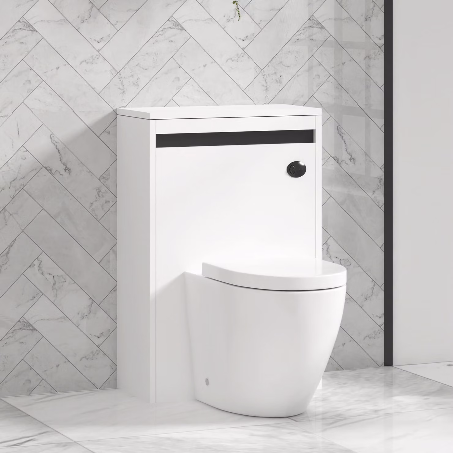 Royal Bathrooms Orion Wall Mounted Matt White WC Unit with Elva Rimless Ceramic Toilet Pan, Slim Soft Close Seat and Cistern with Black Accent Trim, Width: 54 cm