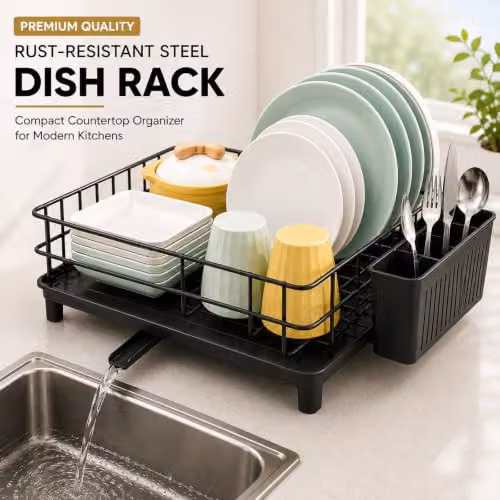 ATEK 1 Tier Stainless Steel Kitchen Dish Drainer Rack in Black with Cutlery Holder and Drip Tray – 2