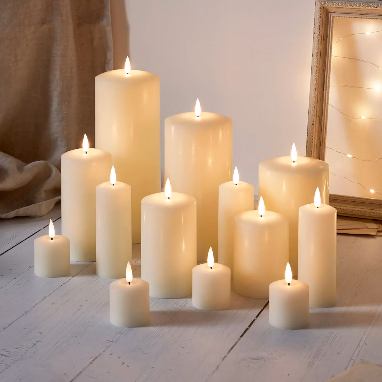 Lights4fun 13 TruGlow Beige LED Wax Pillar and Votive Candles with Timer