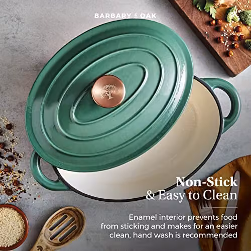 Barbary & Oak Oval Cast Iron Casserole Dish with Enamel Interior, Green, 29 cm – 4
