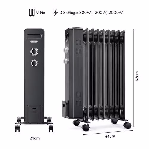 VonHaus 2000W Oil Filled Radiator, Black Freestanding Electric Heater with Adjustable Thermostat and Overheat Protection – 6