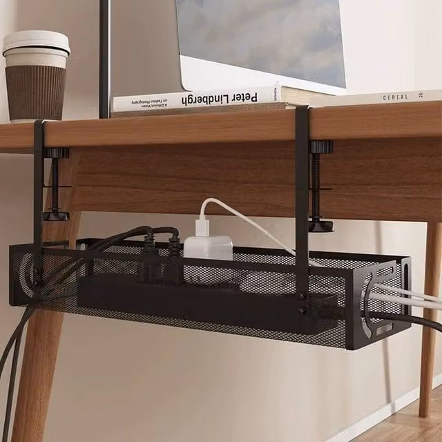 EONLION Under Desk Cable Tidy Wire Cord Storage Rack Organizer, Black, Width: 50 cm