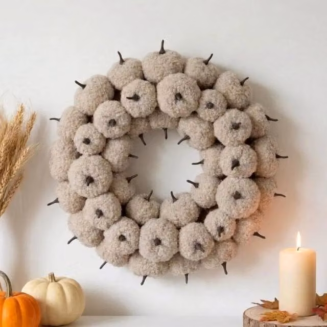 Garden Greatness Autumnal Cream Pumpkin Wreath in White and Beige, Diameter: 38 cm