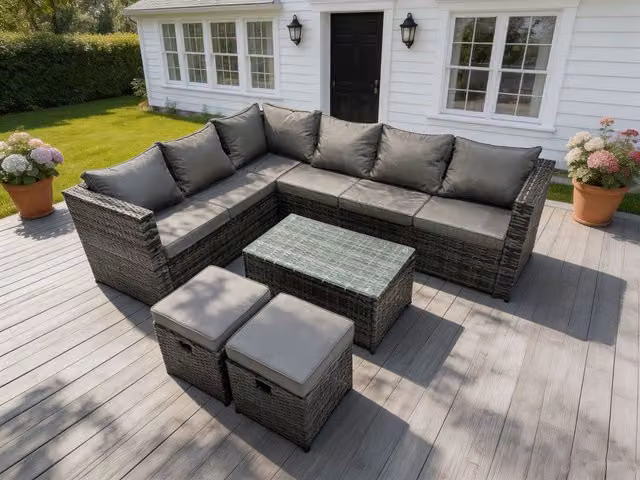 Fimous 8 Seater Rattan Corner Sofa Set in Dark Grey with Coffee Table, 2 Stools and Chair, Left Hand Facing – 2