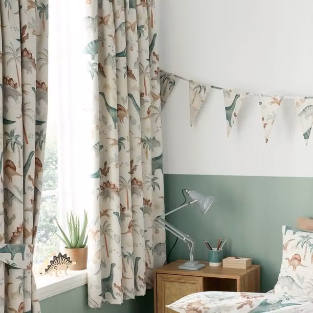Happy Linen Company Scandi Saurus Dinosaur Thermal Blackout Pencil Pleat Curtain Set in Ivory, Width: 167 cm, Drop: 183 cm