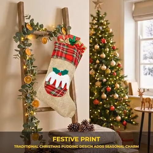 Shatchi Large Christmas Pudding Xmas Stocking in Brown Burlap Hessian Linen, W/H: 26 x 45 cm – 4