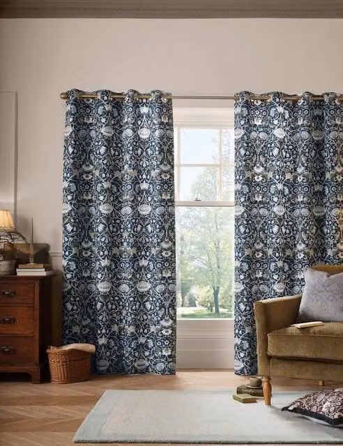 William Morris At Home Lodden Blue Mix Pure Cotton Floral Eyelet Curtains W: 137 cm, H: 168 cm