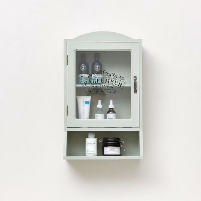 Melody Maison Vintage Style Sage Green Glass Fronted Wall Mounted Cabinet W/D/H: 54 x 32 x 32 cm